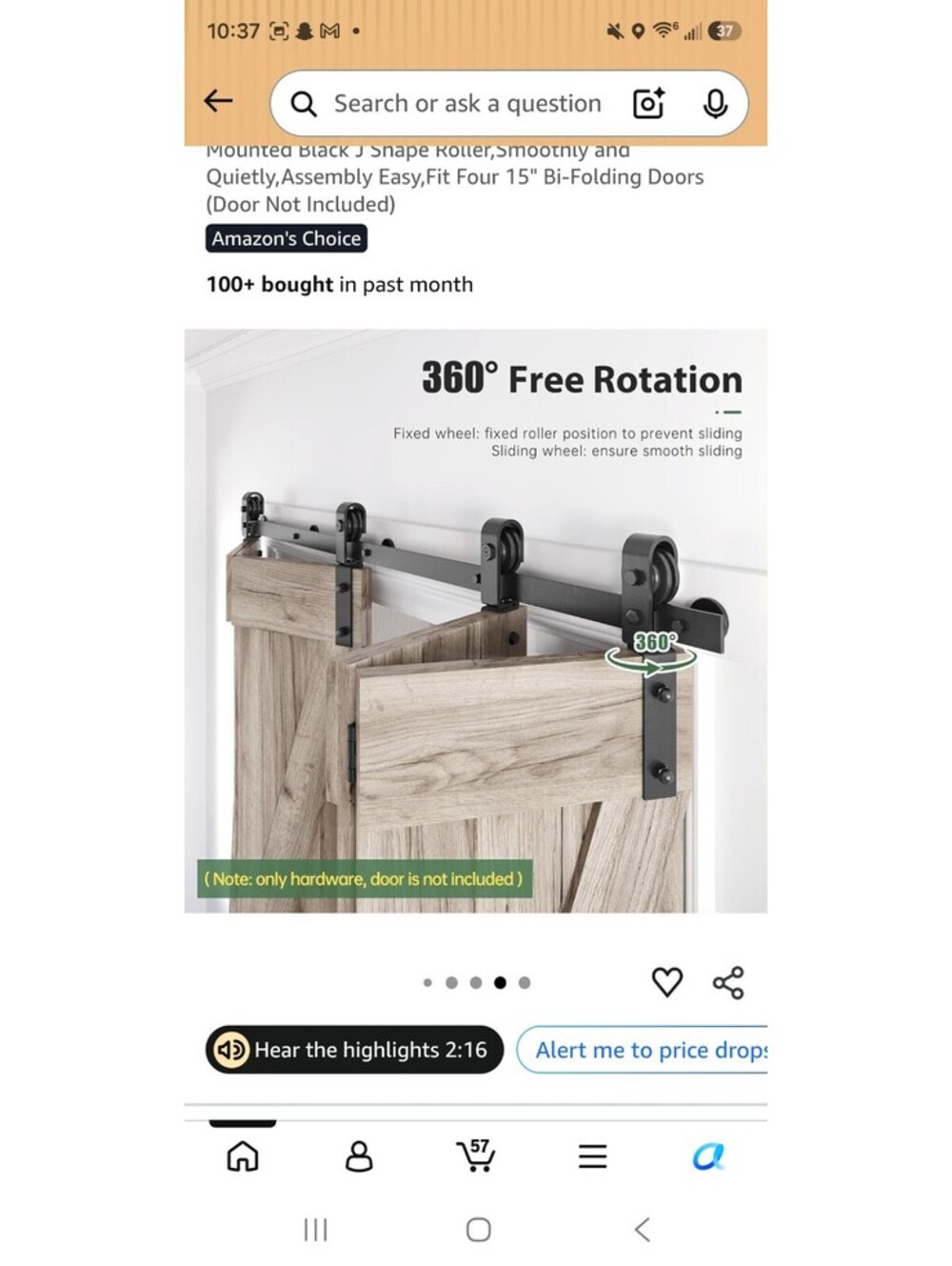 64" Bifold Sliding Barn Door Hardware Track Kit with Side Mounted Black J Shape